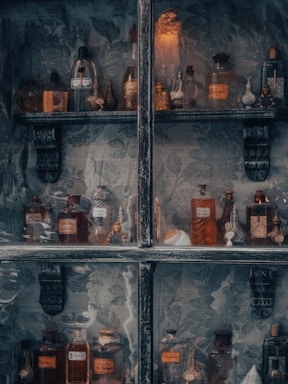 a shelf filled with lots of different types of bottles