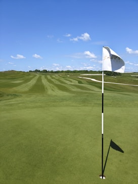 A well-maintained golf course with freshly mowed grass and clear patterns of stripes on the fairway. A white flag on a black and white striped pole is positioned in the putting green, with its shadow visible. The horizon features some bushes and trees under a clear blue sky scattered with a few white clouds.