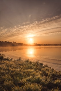 A serene landscape featuring a calm lake reflecting the golden light of a setting sun. The foreground is adorned with green grass, and the background shows a line of trees silhouetted against the horizon. Wispy clouds are scattered across a warm-toned sky.