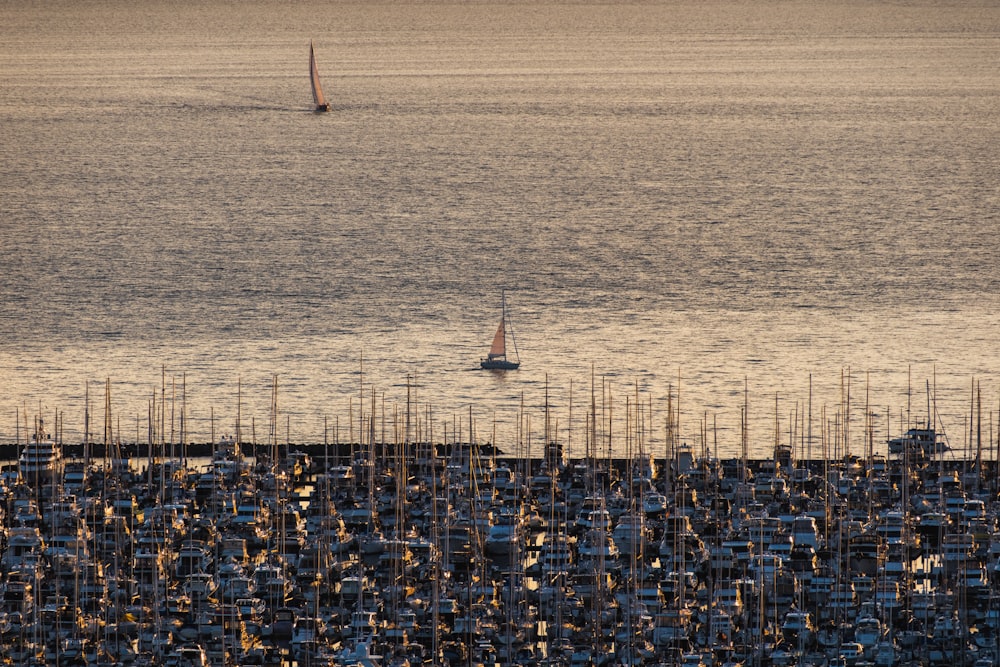 a sailboat is in the distance on a body of water