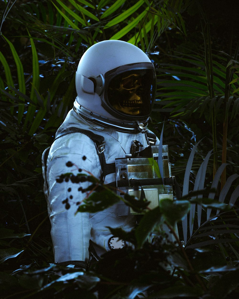 a man in a space suit holding a lantern