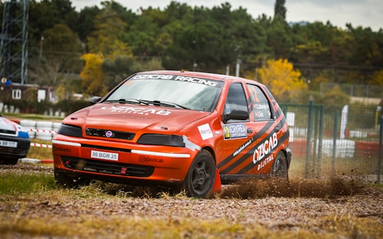 A red racing car with black and white stripes is speeding on a dirt track, kicking up dust. The car has various logos and advertisements on it, including a prominent one reading 'OZICAB' and a license plate reading '06 BGR 25'. In the background, there is a blurred view of trees and another car.