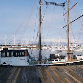 A wooden dock leads to an old-fashioned sailing ship with tall masts and numerous ropes. The ship's hull shows signs of age and wear. In the background, a marina is filled with modern sailboats and yachts, set against a clear blue sky.
