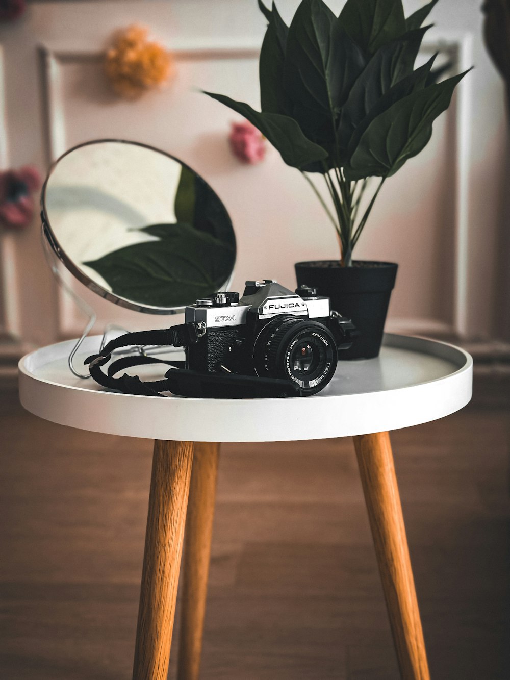 a camera sitting on top of a table next to a potted plant