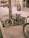 A black BMX bike with fat tires is parked against a tree and secured with a metal fence. The scene includes a sidewalk with a few potted plants and a street setting with buildings and parked cars in the background.