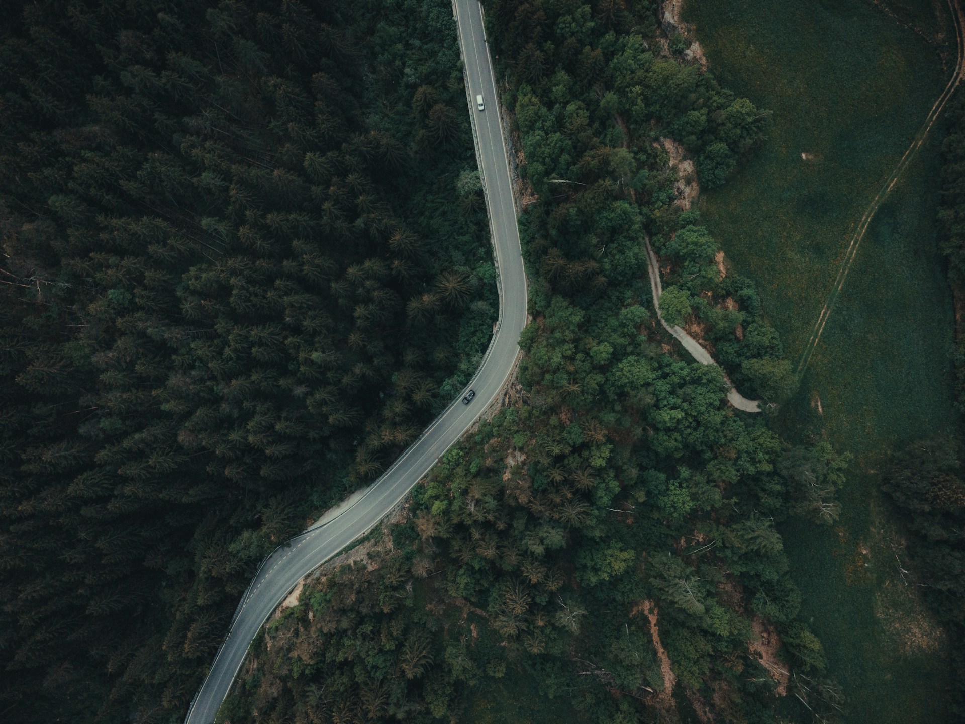 an aerial view of a winding road in the woods