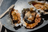 Three oysters on half shells are served on a metal plate, drizzled with a spicy or tangy sauce. A small wooden fork lies nearby, and the lighting creates shadows, emphasizing the texture of the oysters and sauce.