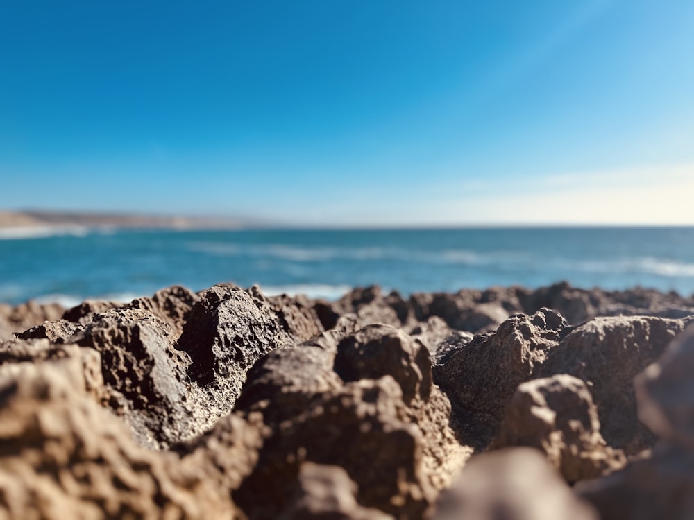 a close up of rocks on a beach with the ocean in the background