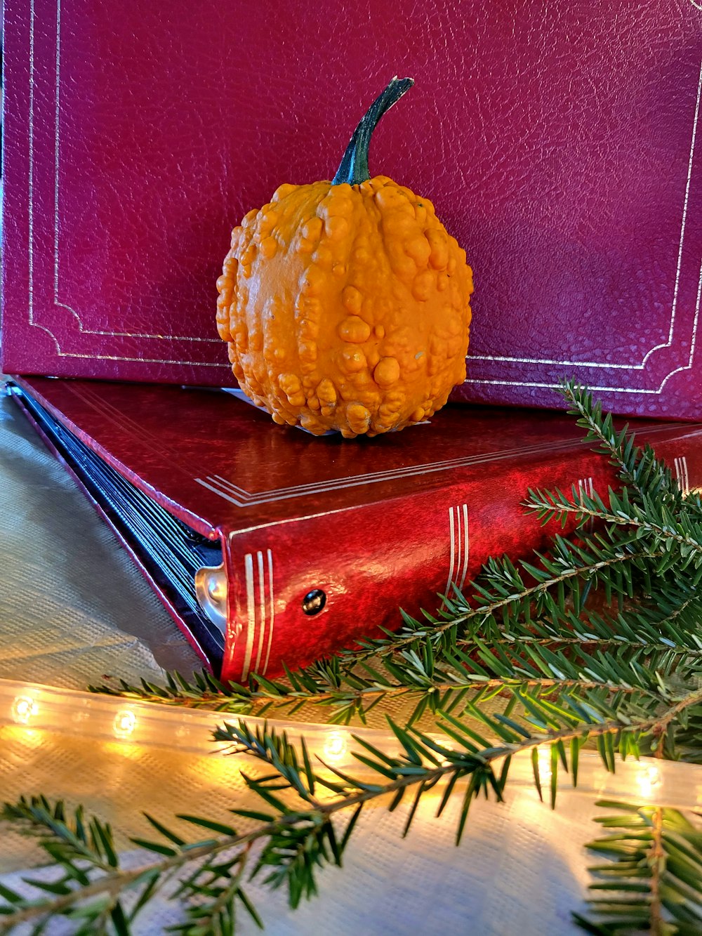 a pumpkin sitting on top of a red book