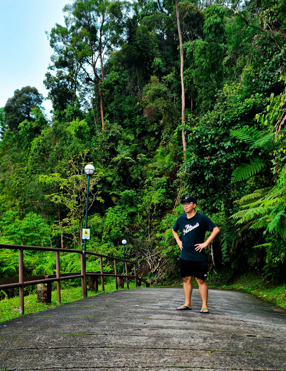 a person standing on a wooden walkway in the woods