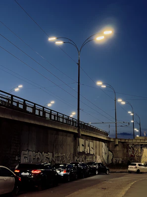 Street lighting project along a major Delhi road, illuminated at dusk.