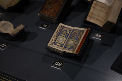 An open book with ancient texts and illustrations on a table.