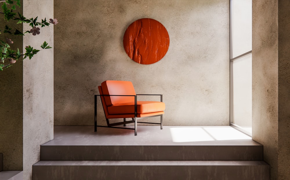 an orange chair sitting on a set of stairs