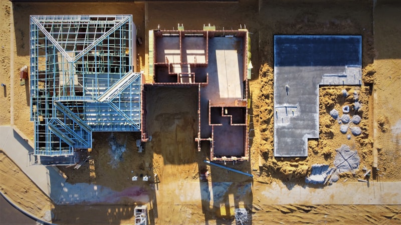 Building plots in various stages of construction