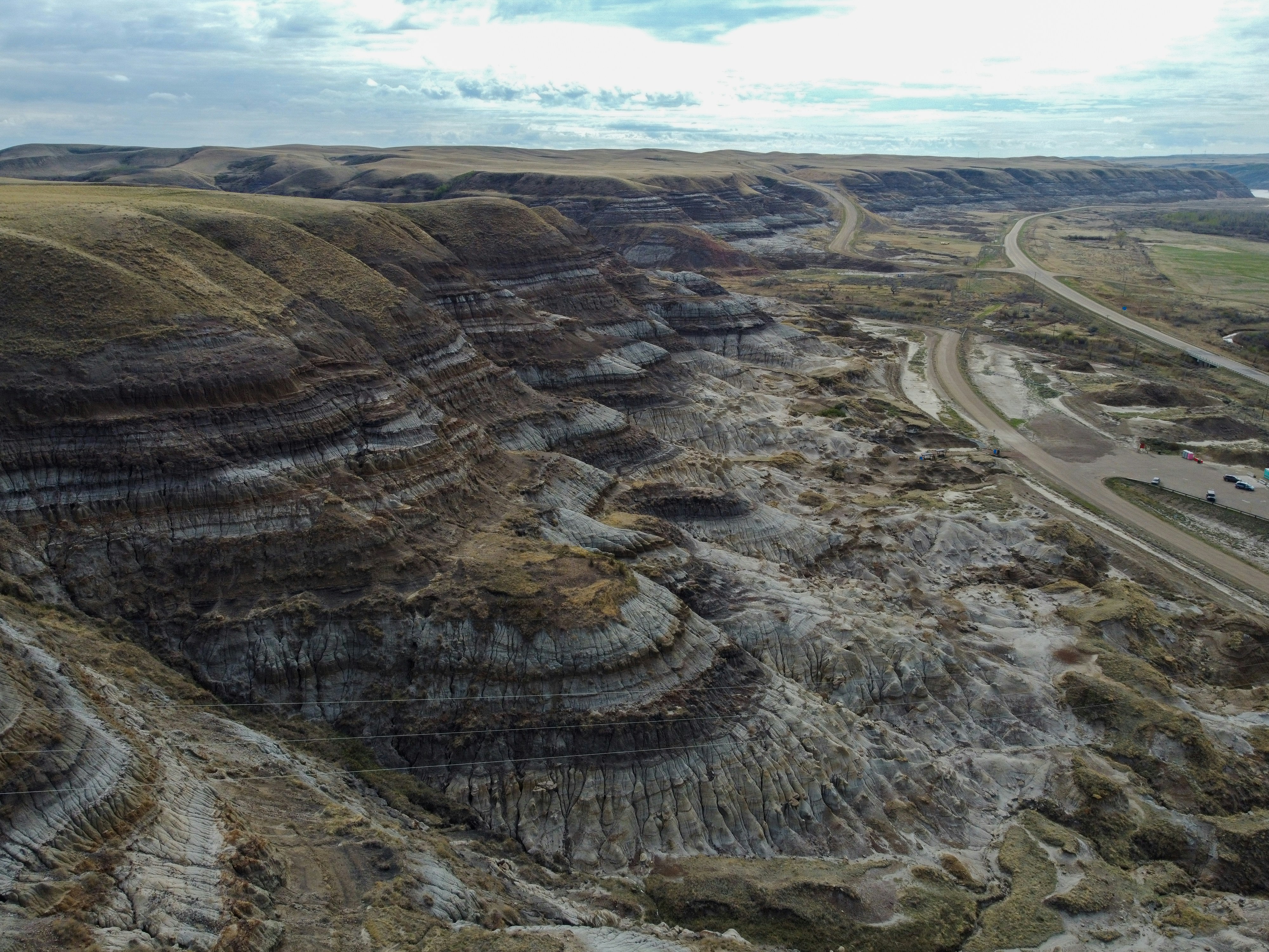 an aerial view of a road in a canyon