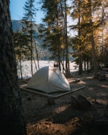 A camping tent is set up in a forested area, surrounded by tall trees with sunlight filtering through. The scene overlooks a serene body of water and distant mountains. Shadows and natural light create a peaceful, secluded atmosphere.