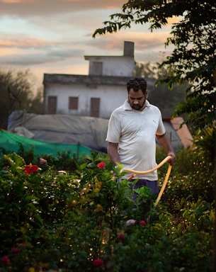 Reda inspecting a lush villa garden with a watering hose under a bright sky.