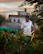 A happy gardener using a flexible hose with a spray nozzle in a blooming backyard.