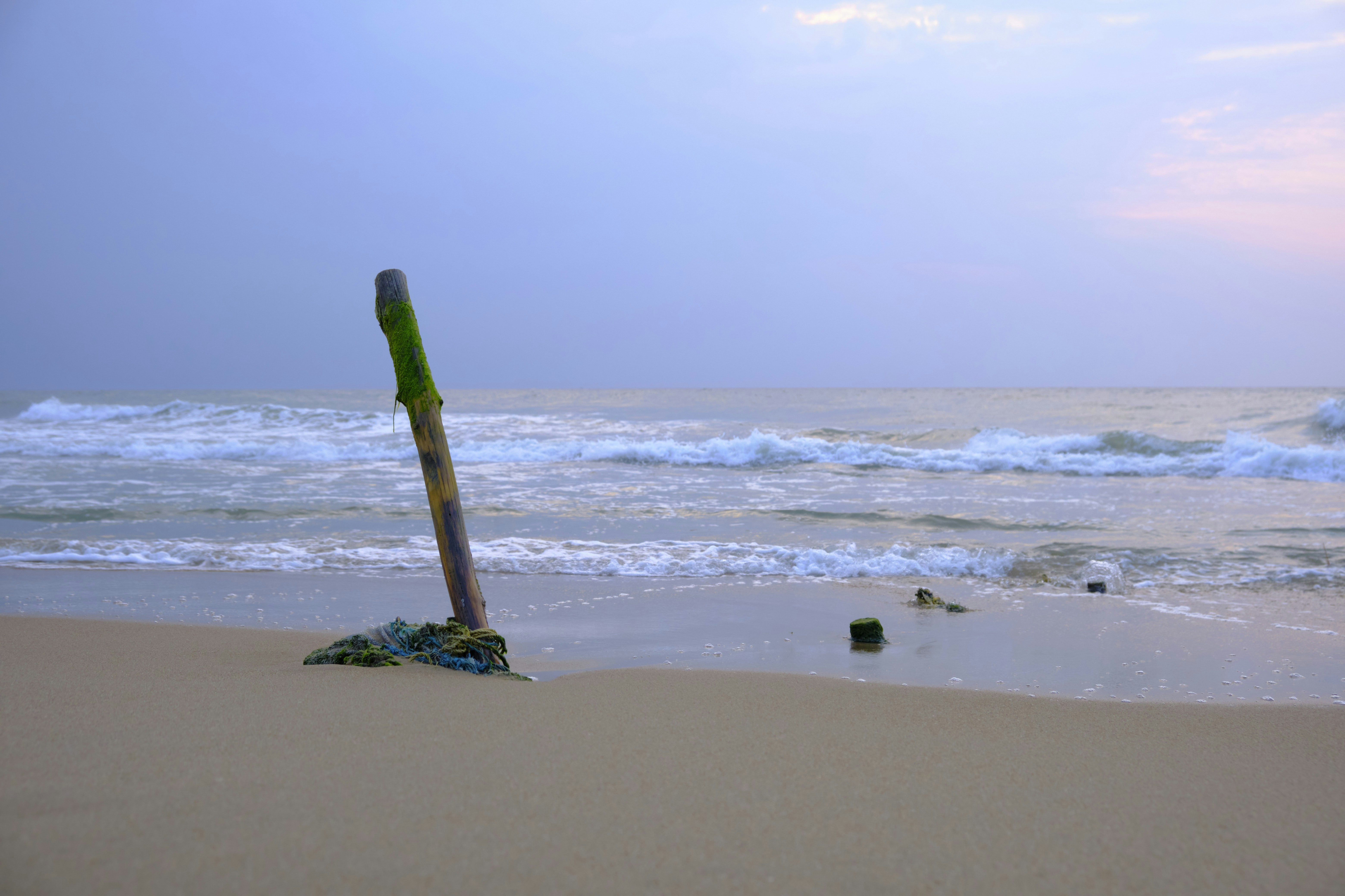 a pole sticking out of the sand on a beach