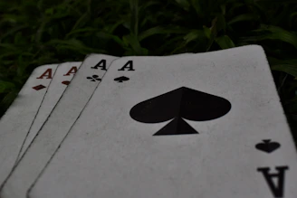 four playing cards sitting on the ground in the grass