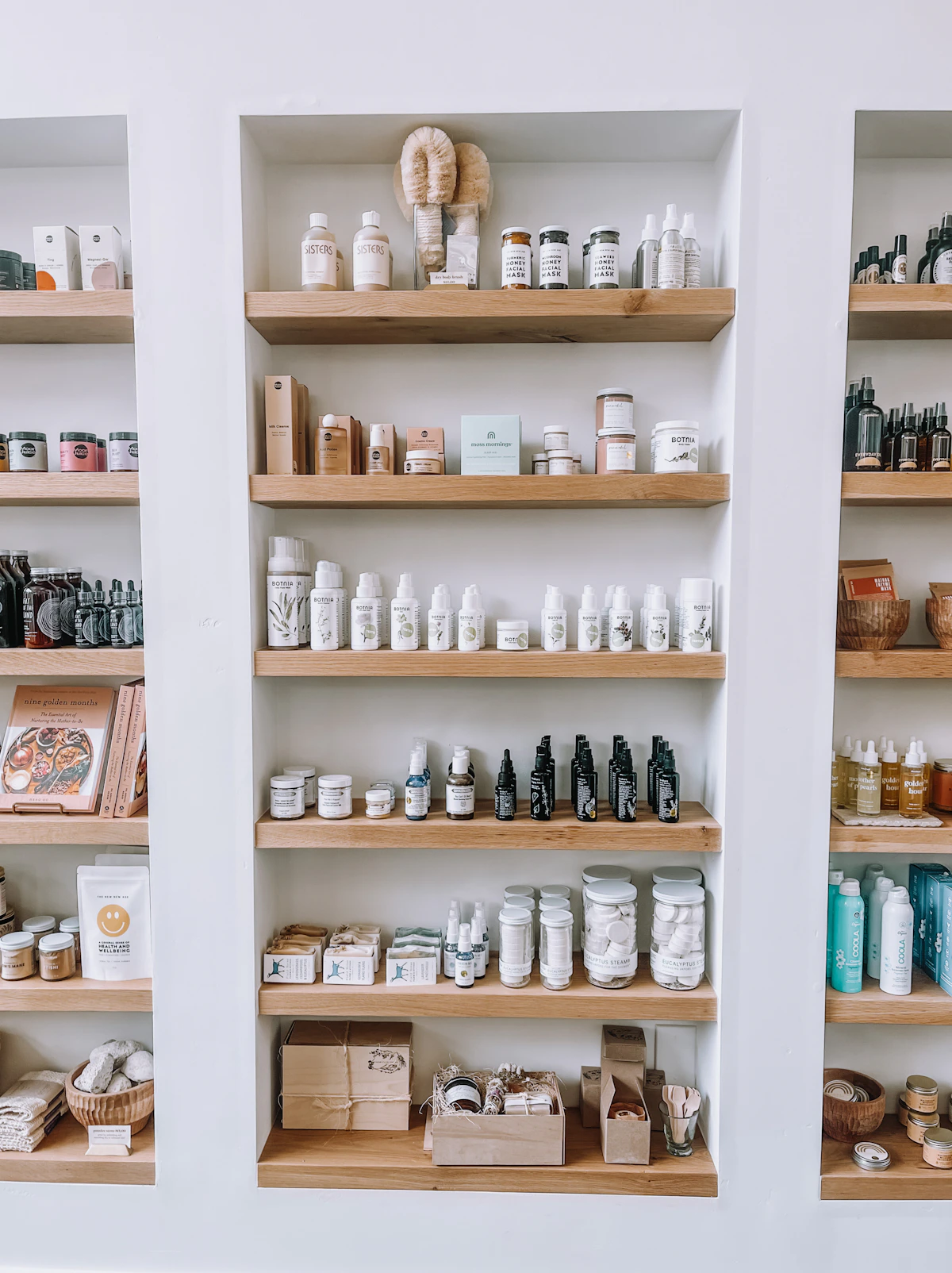 Personal care and wellness products arranged neatly on display shelves