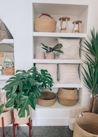 White shelving with woven rope baskets and indoor plants