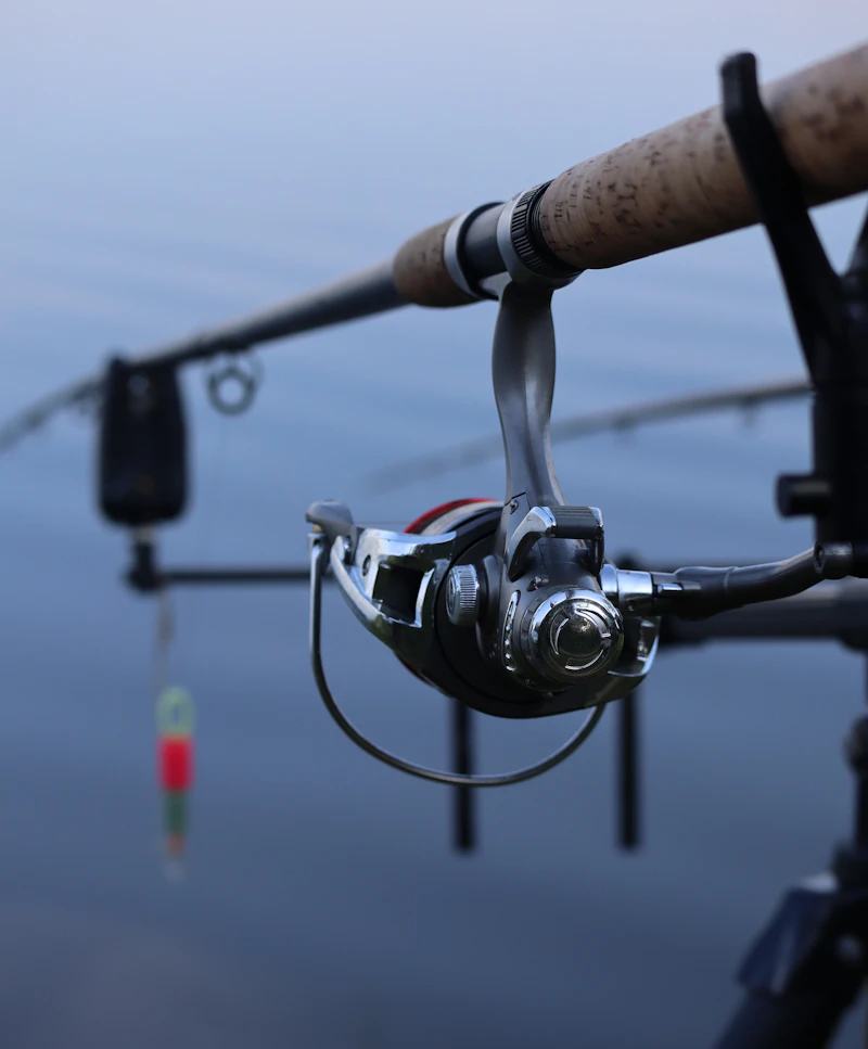 Fishing rod and reel attached to a fishing pole, close-up of reel mechanism
