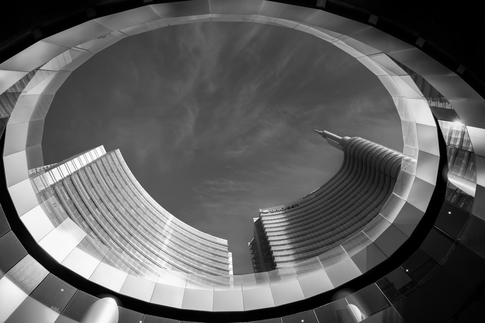 a circular view of a building with a sky background