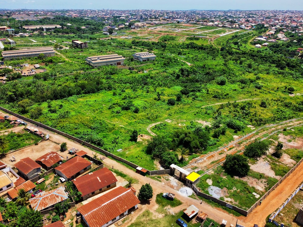 an aerial view of a city with lots of trees