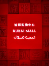 A brightly illuminated red sign featuring the words 'Dubai Mall' in English, Chinese, and Arabic. Surrounding the central text are various Chinese characters embossed into the red background.