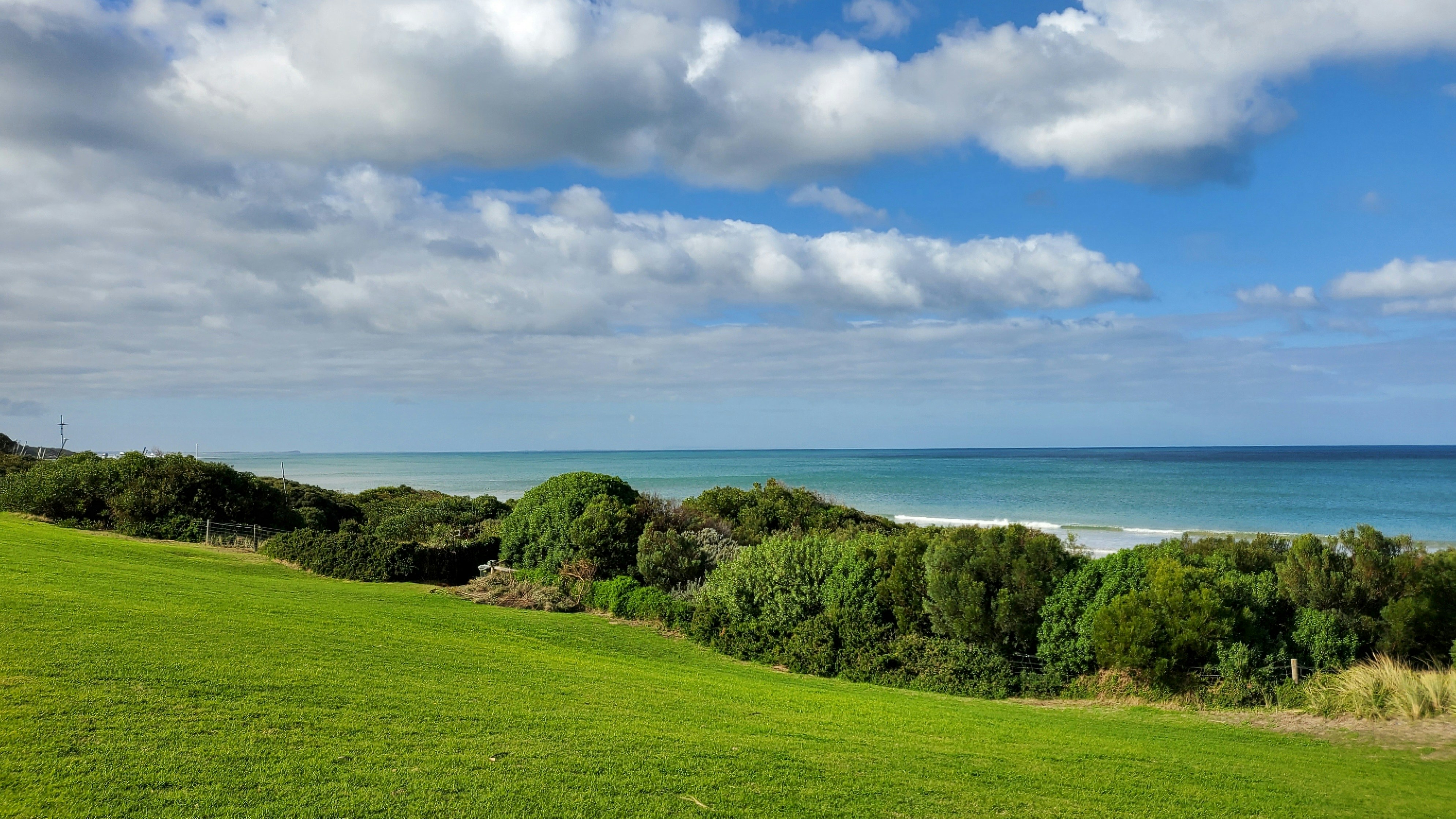 A lush green field next to the ocean under a cloudy blue sky photo