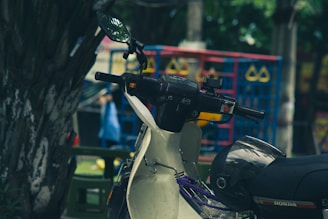 Motorbike parked outdoors with visible brake and mirror components