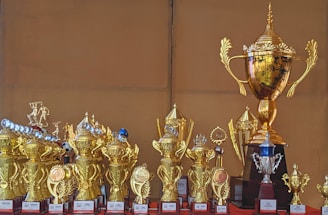A collection of various gold and silver trophies of different sizes and designs, with intricate details and embellishments, displayed on a flat surface.