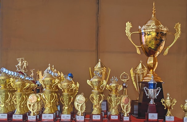 A collection of various gold and silver trophies of different sizes and designs, with intricate details and embellishments, displayed on a flat surface.
