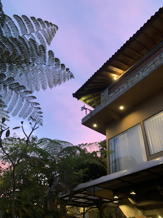 A vibrant 3D architectural rendering showcasing a modern home surrounded by lush greenery at sunset.