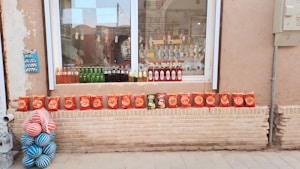 A storefront display showcases various beverages and snack items. Several bottles of colorful drinks, including green glass bottles, are lined up on the windowsill. Below the window, a neat row of red snack bags is arranged on a brick ledge. To the left, a stack of blue and pink striped balls adds a playful touch. The background reveals a reflection of a street scene in the glass window.