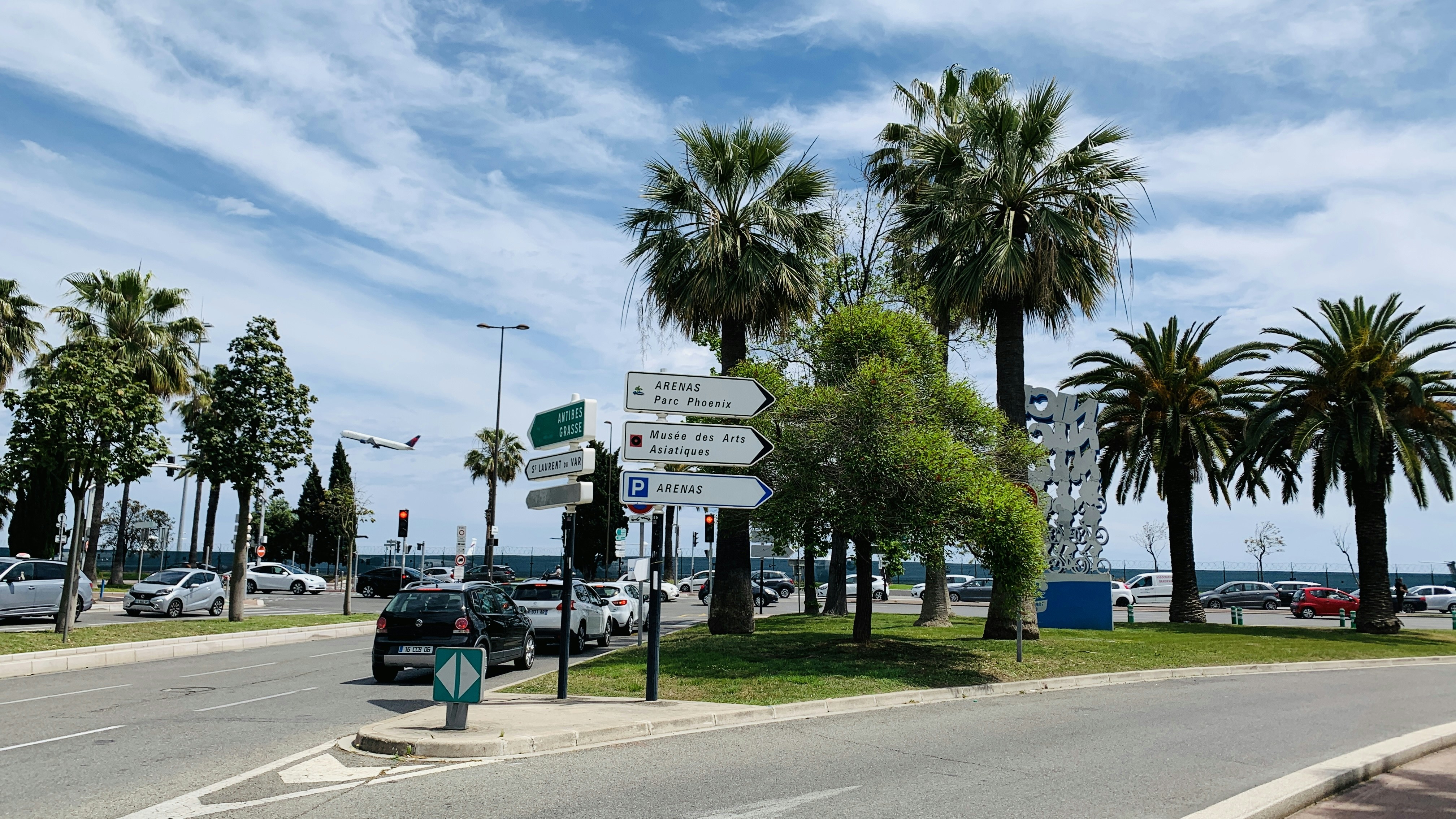 a street with palm trees and street signs