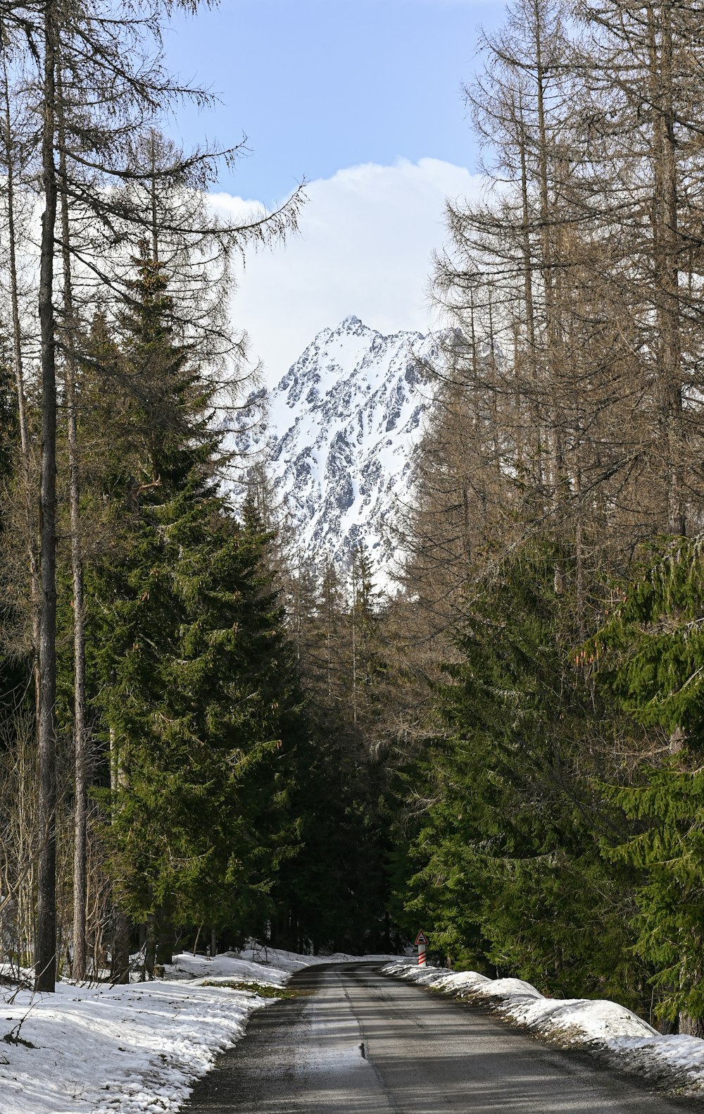 a snow covered road surrounded by trees and mountains