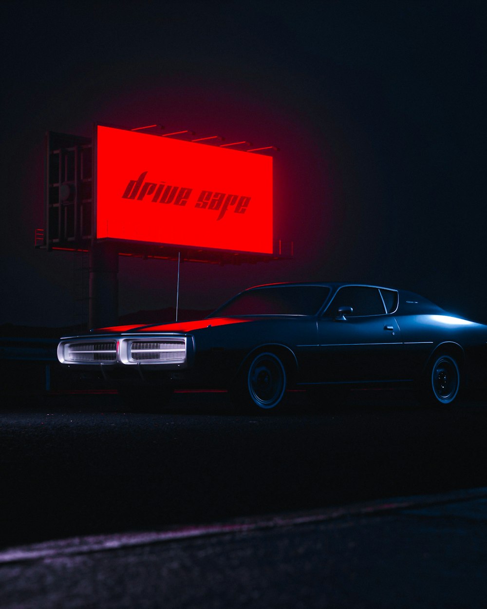 a car parked in front of a neon sign