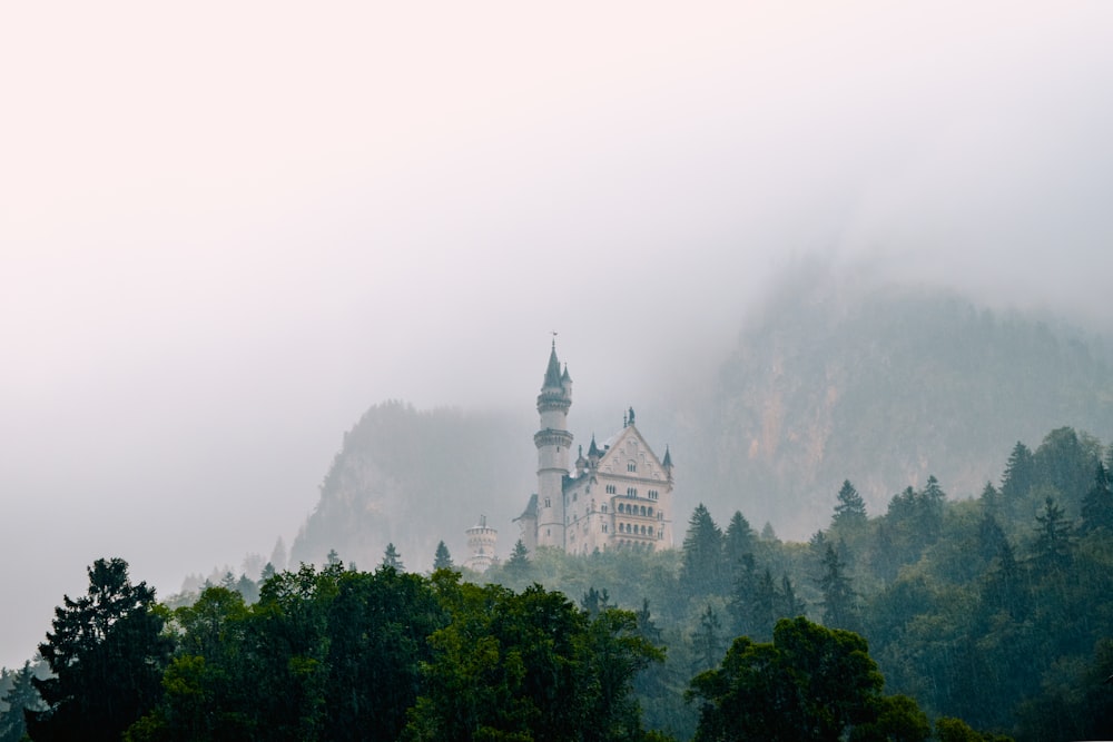 a castle on top of a mountain surrounded by trees