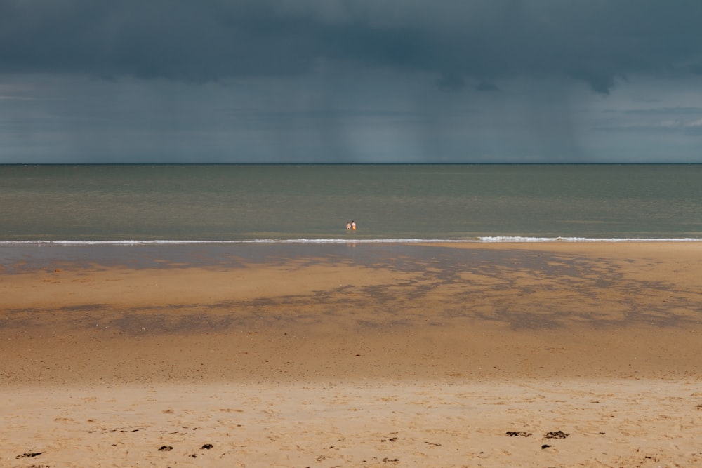a person standing on a beach under a cloudy sky