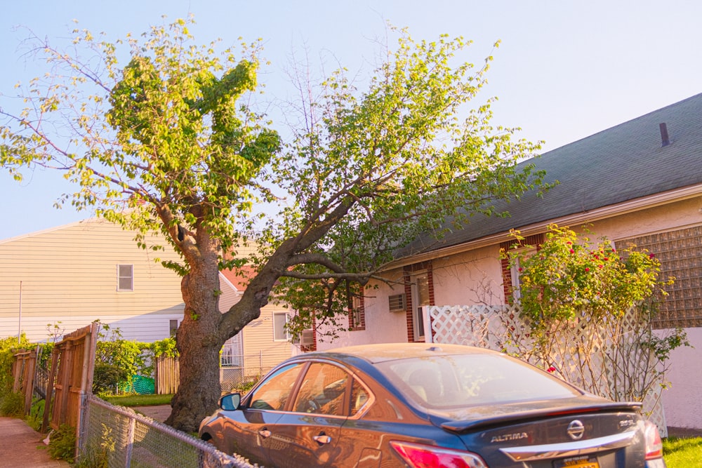 a car parked in front of a house next to a tree