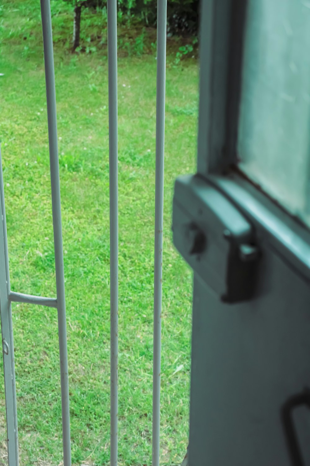 a cat sitting on a window sill next to a fence