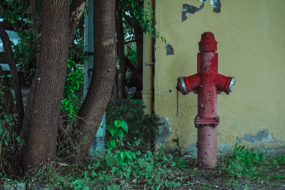 a red fire hydrant in front of a yellow building