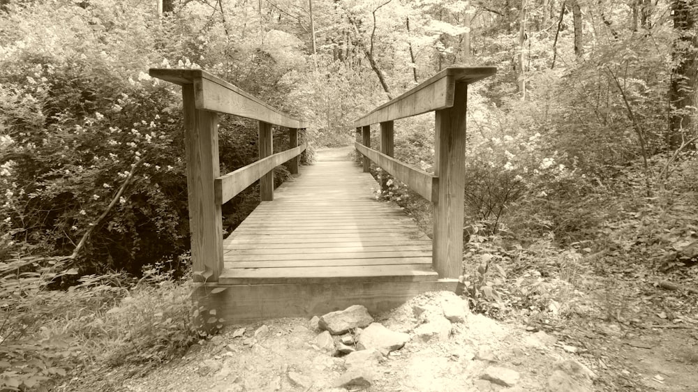 a black and white photo of a wooden bridge
