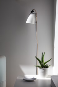 A modern floor lamp casting warm light over a minimalist side table with a small plant.