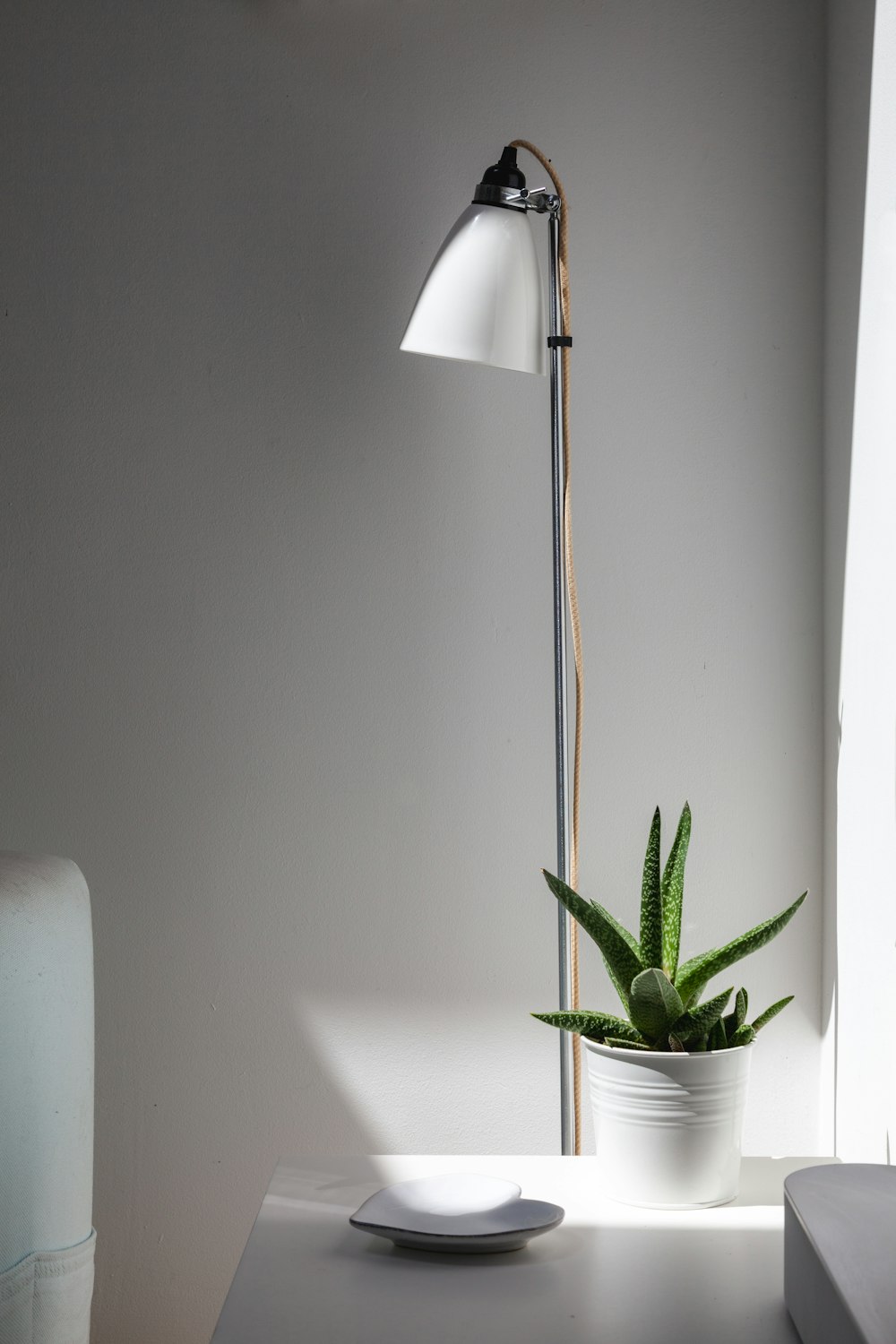 uma mesa branca com uma planta e uma lâmpada sobre ela