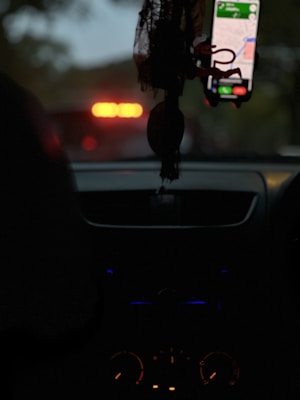 The scene takes place inside a car with a GPS on the dashboard. Dim lighting outside suggests evening or night, complementing the glow of the electronic displays. Hanging from the rear-view mirror are assorted objects.