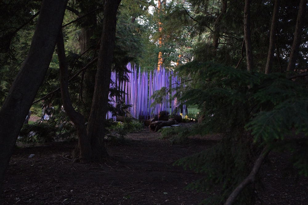 a purple fence in the middle of a forest