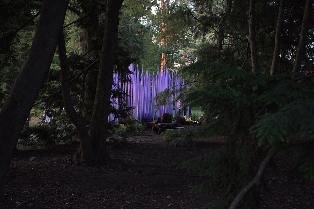 Una valla púrpura en medio de un bosque